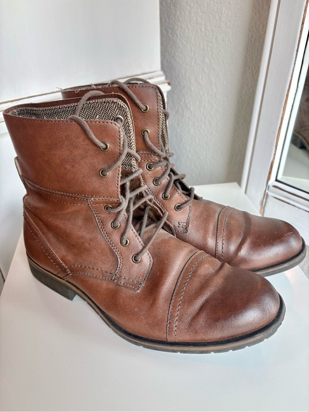 H&M Men’s Brown Leather Combat Boots - Size 10 - Lace-Up Cap Toe